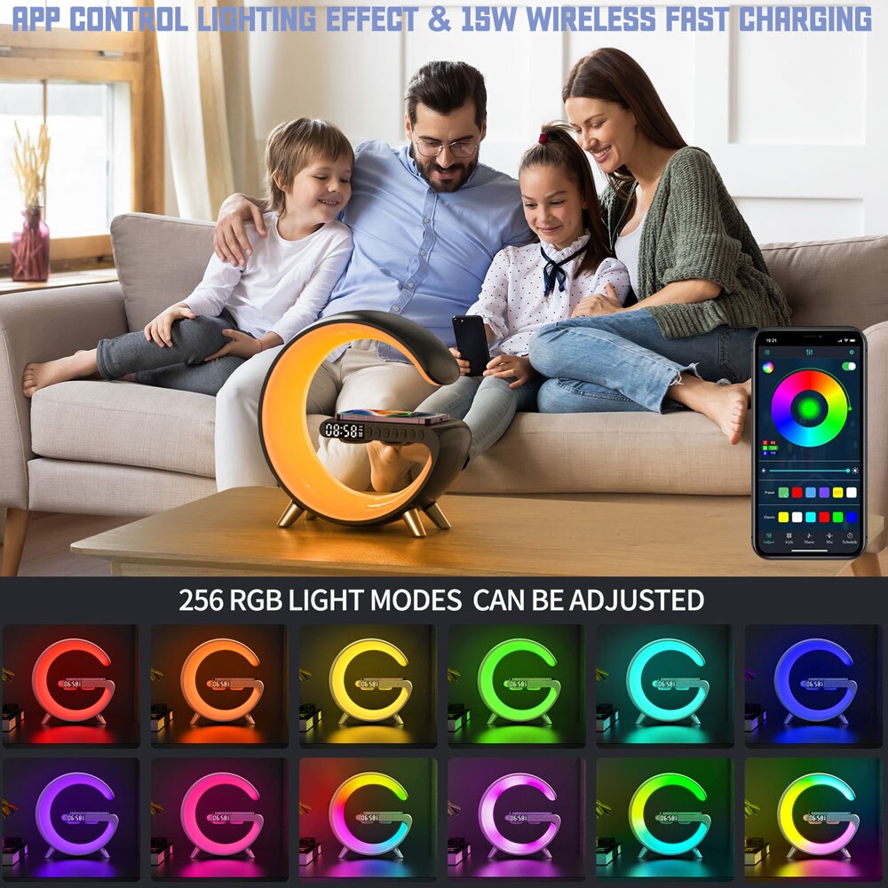 Free Flag LED Smart Wake Up Light RGB Night Light with Bluetooth Speaker 15W Wireless Charging Table Lamp for Bedroom Game Room