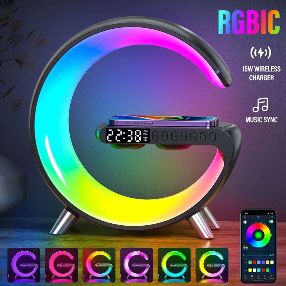 Free Flag LED Smart Wake Up Light RGB Night Light with Bluetooth Speaker 15W Wireless Charging Table Lamp for Bedroom Game Room